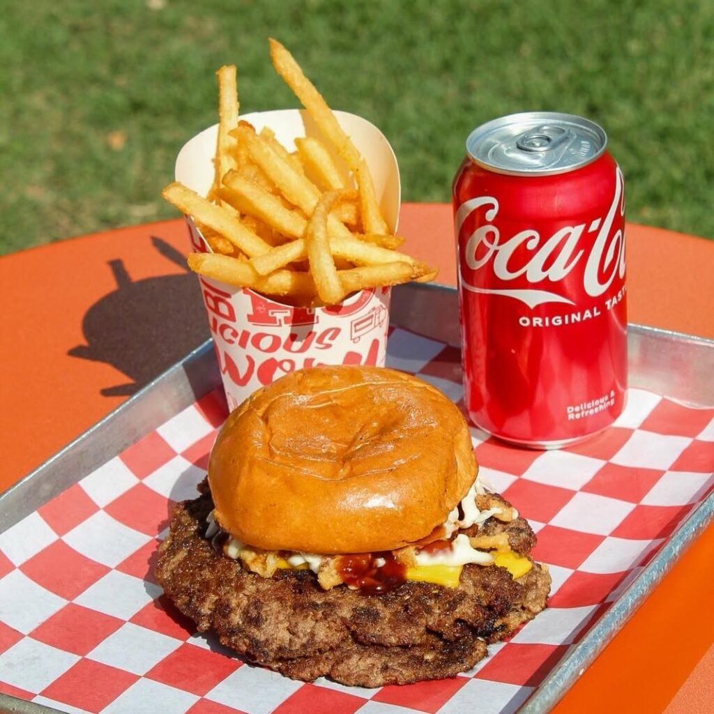 double smash burger with fries and a coke